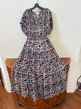 Apiece Apart 100 💯 cotton , Rust & White Smocked Tiered Maxi Dress, NWT